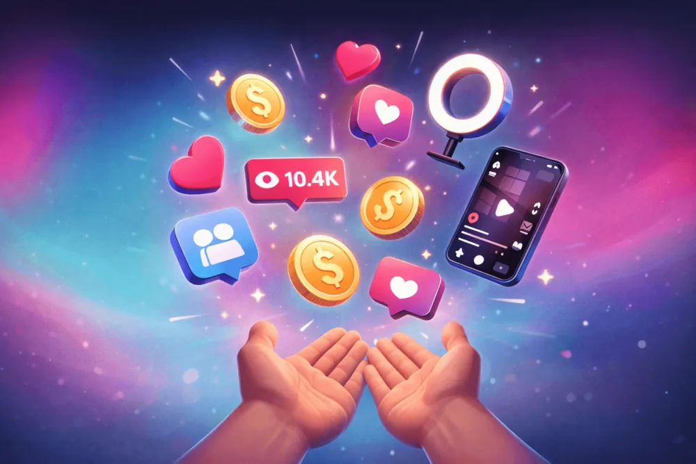 Cartoon-style landscape illustration of open hands holding floating coins and social media engagement symbols representing TikTok creator earnings.