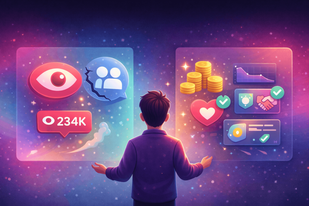 Cartoon-style landscape illustration showing that TikTok views and followers do not always reflect real earnings.