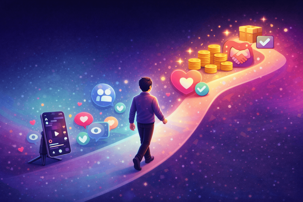 Cartoon-style landscape illustration of a TikTok creator growing from small engagement to stronger monetization opportunities.