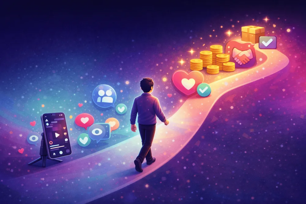 Cartoon-style landscape illustration of a TikTok creator growing from small engagement to stronger monetization opportunities.