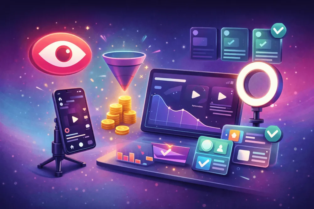 Cartoon-style landscape illustration of a creator desk with analytics and small earnings symbols showing that TikTok views and payouts are not the same.