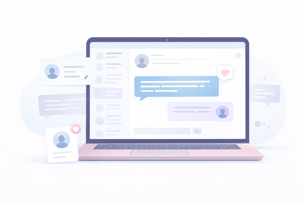 Cartoon-style landscape illustration of a laptop with a private messaging interface, showing a clear message with a reply and faded message bubbles representing better Twitter DM strategies.