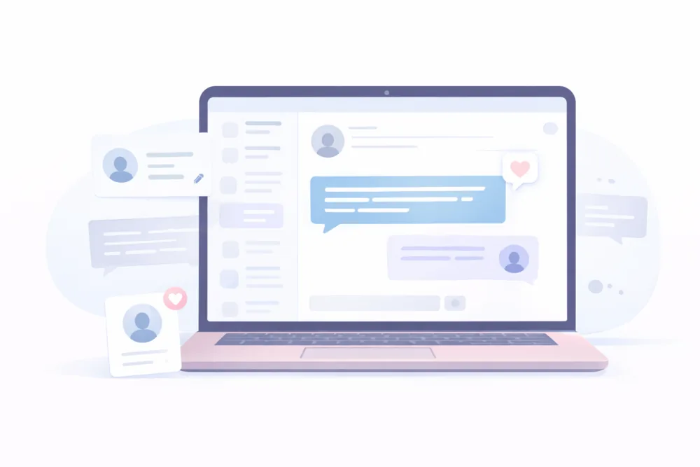 Cartoon-style landscape illustration of a laptop with a private messaging interface, showing a clear message with a reply and faded message bubbles representing better Twitter DM strategies.