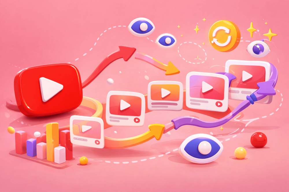 Cartoon-style landscape illustration of connected video elements, looping arrows, and view symbols representing turning YouTube subscribers into active returning viewers.