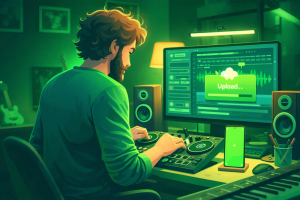 Cartoon-style illustration of a music producer in a green-themed home studio uploading a track to Spotify on a computer with audio waveforms on screen