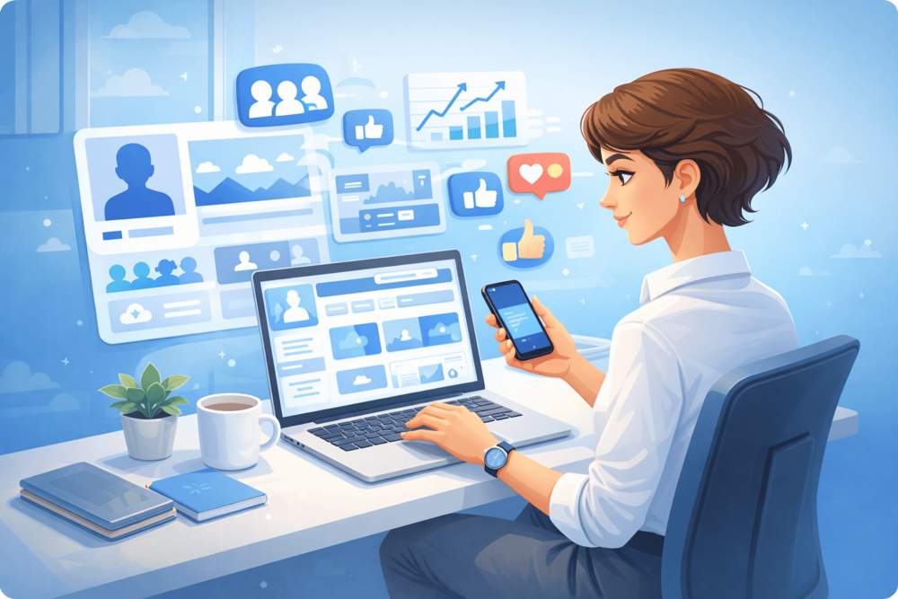 Cartoon-style illustration of a professional person working at a desk with a laptop and phone, surrounded by social media dashboard and audience growth elements on a blue background.