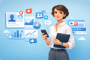 Cartoon-style illustration of a professional person holding a phone and clipboard with social media profile, follower, and analytics elements around them on a light blue background.