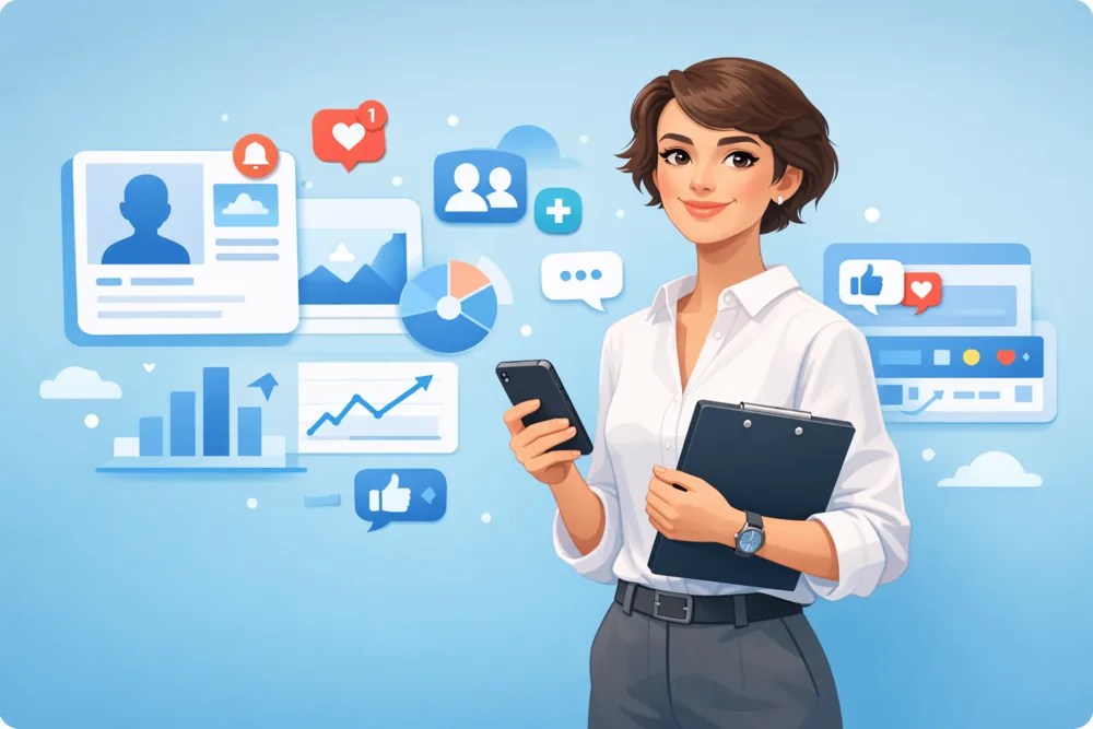 Cartoon-style illustration of a professional person holding a phone and clipboard with social media profile, follower, and analytics elements around them on a light blue background.