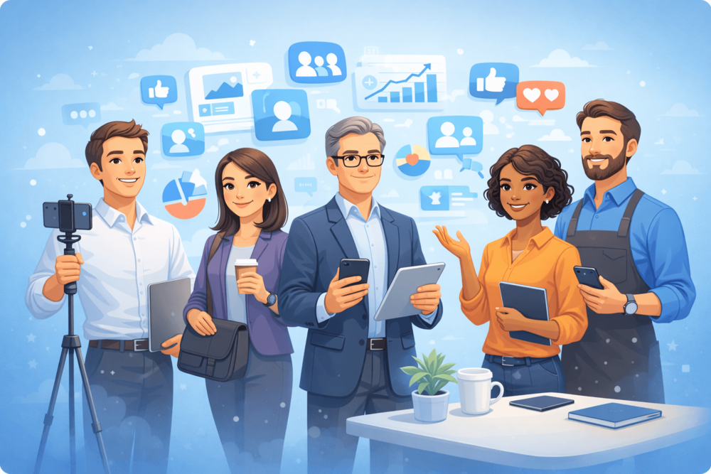 Cartoon-style illustration of a group of professionals with creator and business tools surrounded by social media growth and audience icons on a blue background.