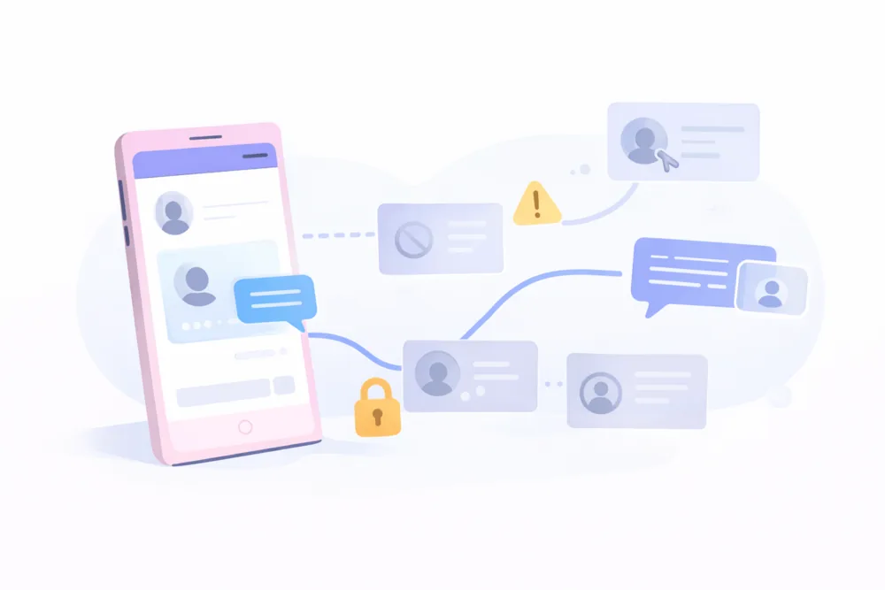 Cartoon-style landscape illustration of a smartphone connected to some user profiles but blocked from others with lock and restriction symbols, representing Twitter DM limitations.