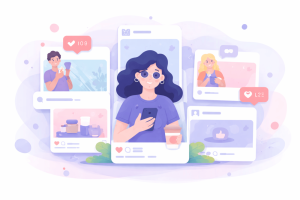 Illustration of a creator surrounded by social-style posts, reply bubbles, and engagement icons in a soft pastel landscape design inspired by Instagram Threads.