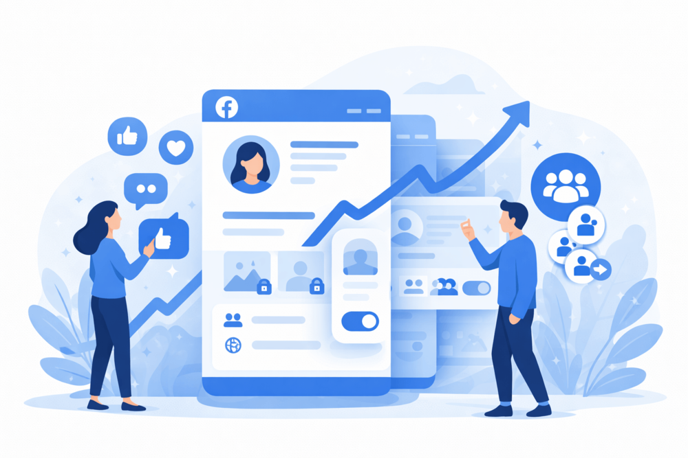Blue flat illustration of a social media profile with growth icons, audience elements, and an active polished presence in a Facebook-inspired style