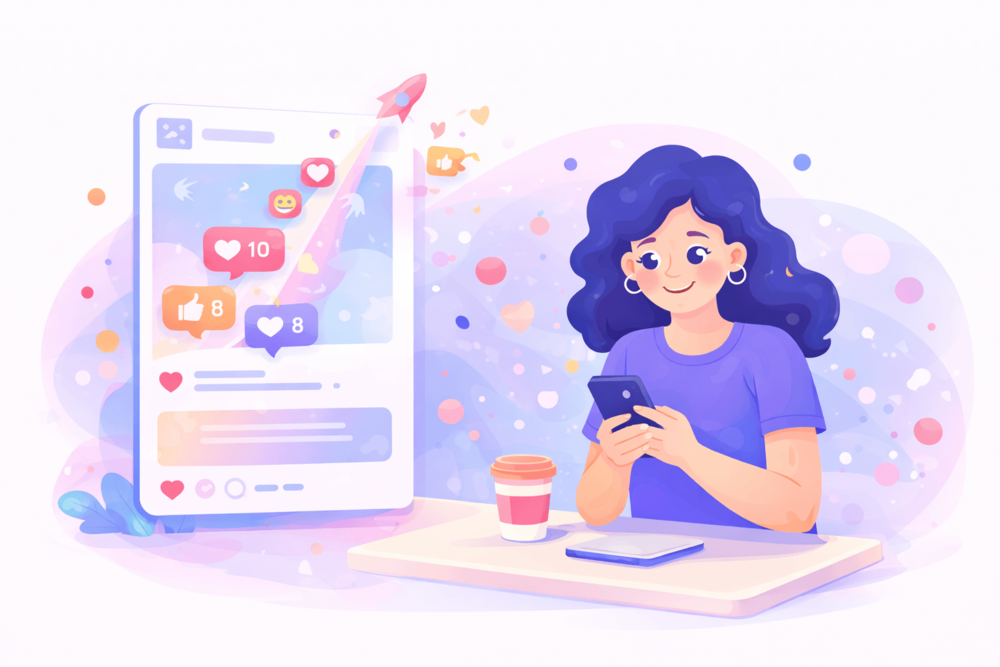 Bright pastel illustration of a creator seeing a social post gain early engagement in a clean landscape style.