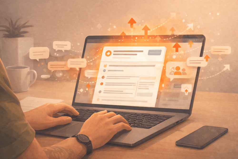 Illustration of a Reddit-style post gaining early engagement on a laptop screen with subtle community interaction and momentum cues.