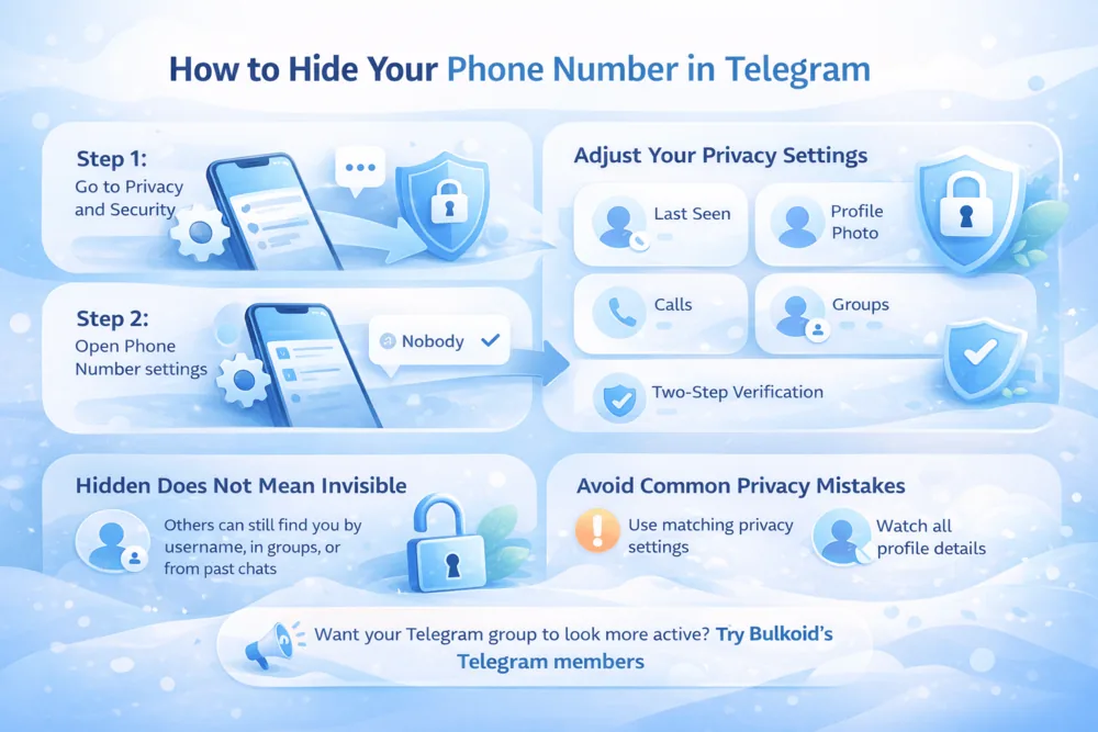 How to hide phone number in Telegram - Bulkoid Infographic