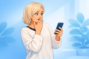 Person looking at a smartphone in a blue background scene representing Telegram privacy settings