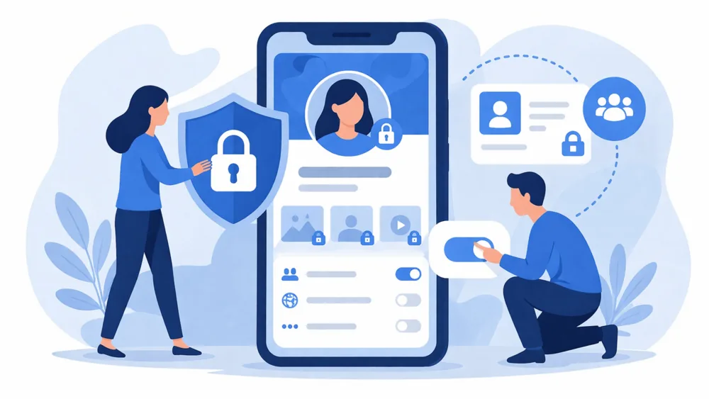 Modern flat illustration of people securing a social media profile on a smartphone with privacy icons and a blue Facebook-inspired design
