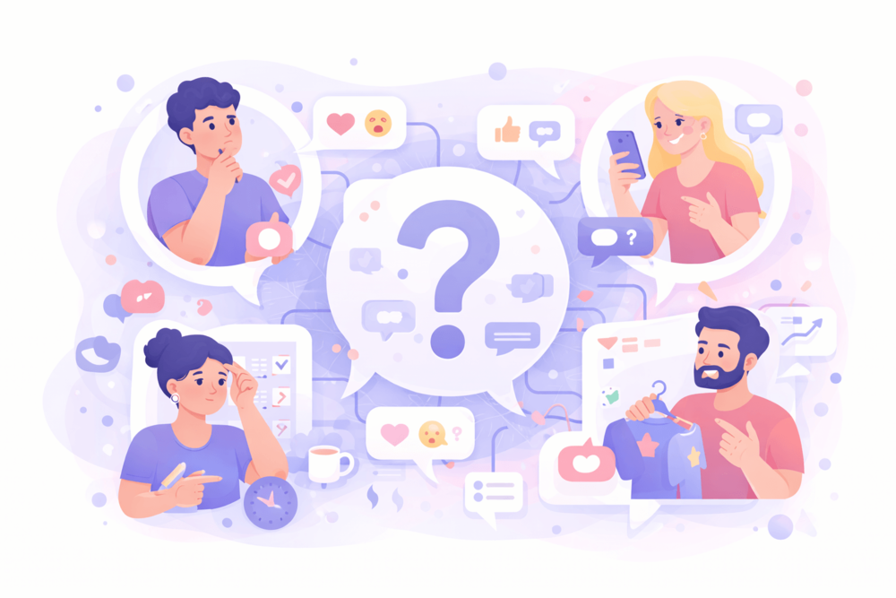 Illustration of several people connected through speech bubbles and discussion elements, representing question-based engagement on Threads.