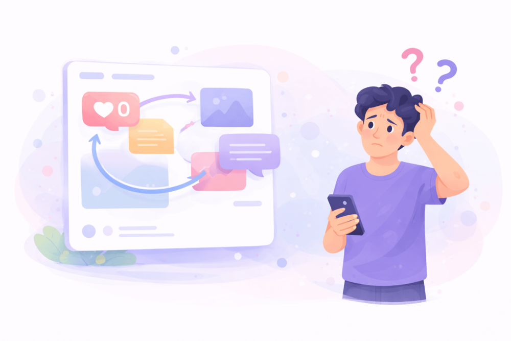 Minimal illustration of a confused viewer looking at a hard-to-follow social post in a bright pastel landscape style.