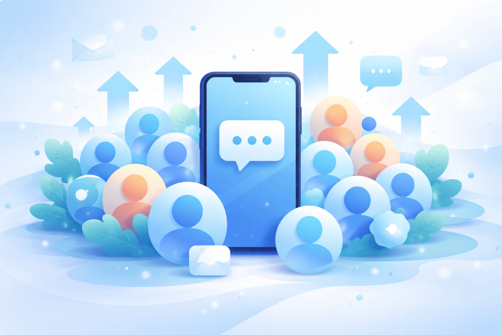 Illustration of a smartphone surrounded by user avatars and community icons in a blue Telegram-inspired design, representing Telegram group growth