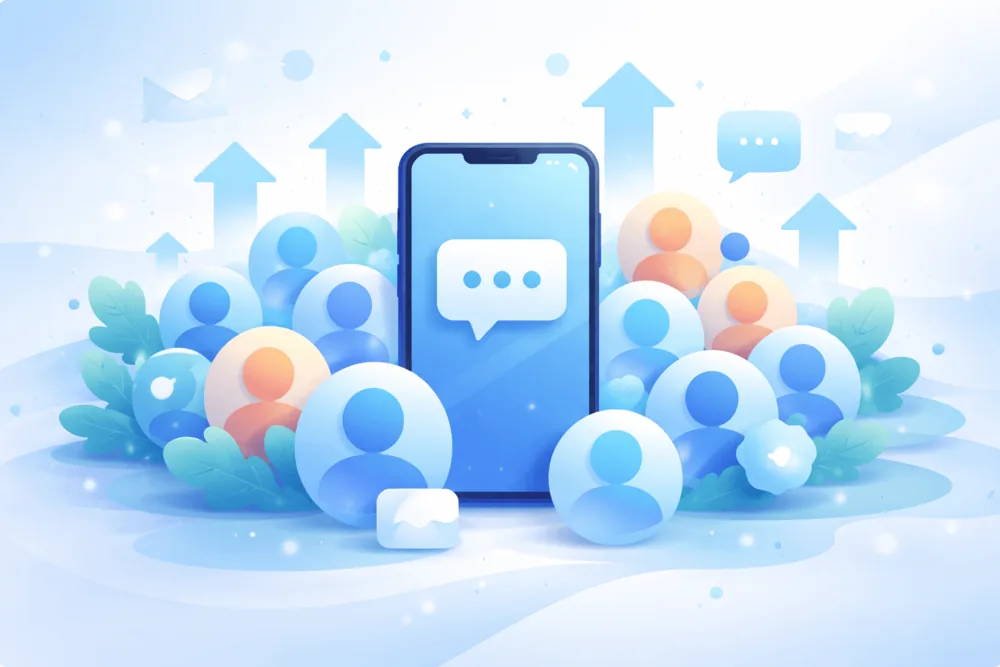Illustration of a smartphone surrounded by user avatars and community icons in a blue Telegram-inspired design, representing Telegram group growth