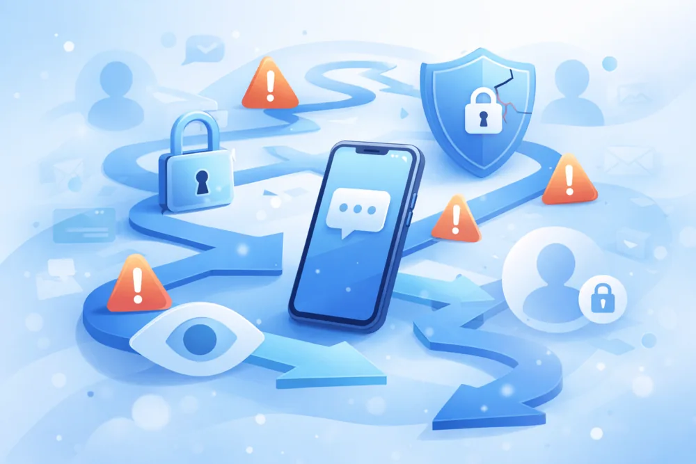 Illustration of a smartphone moving through a maze with warning icons, privacy symbols, and security elements in a blue Telegram-style design