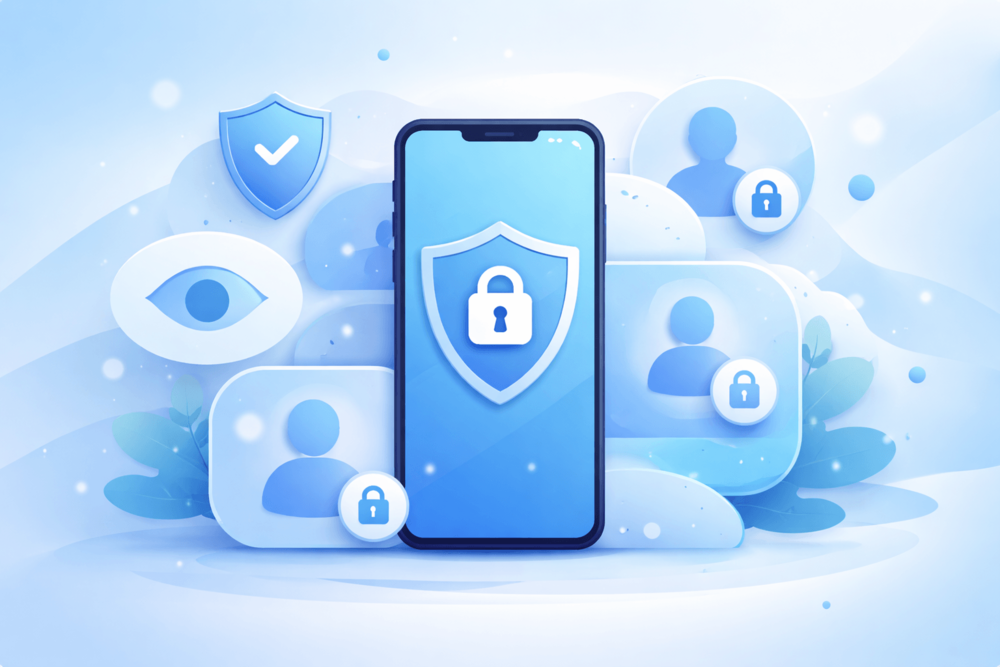 Illustration of a smartphone with shield and lock icons surrounded by privacy and account protection symbols in a blue Telegram-inspired design