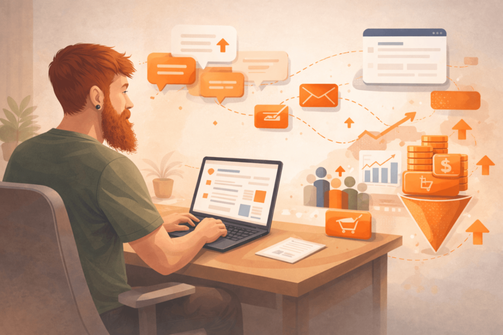 Illustration of a person using Reddit-style online discussions to drive website traffic, leads, and online sales from a laptop workspace.