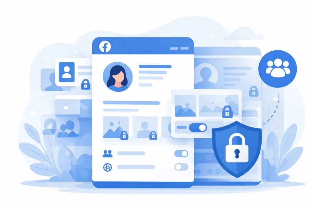 Blue flat illustration of a private social media profile with limited content visibility, hidden profile sections, and privacy protection elements