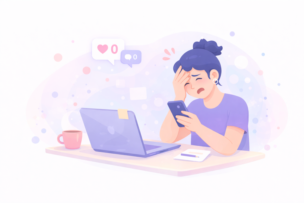 Bright pastel illustration of a creator at a desk reacting to a familiar social media struggle in a clean landscape style.