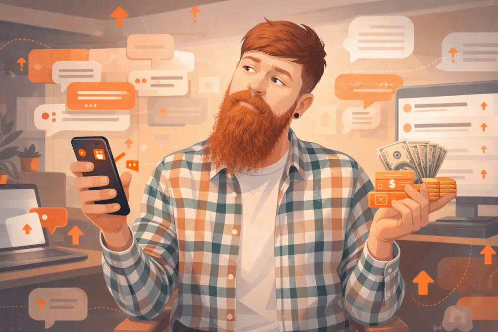 Illustration of a content creator in a home office weighing different ways to earn money through Reddit, with community and engagement elements in the background.