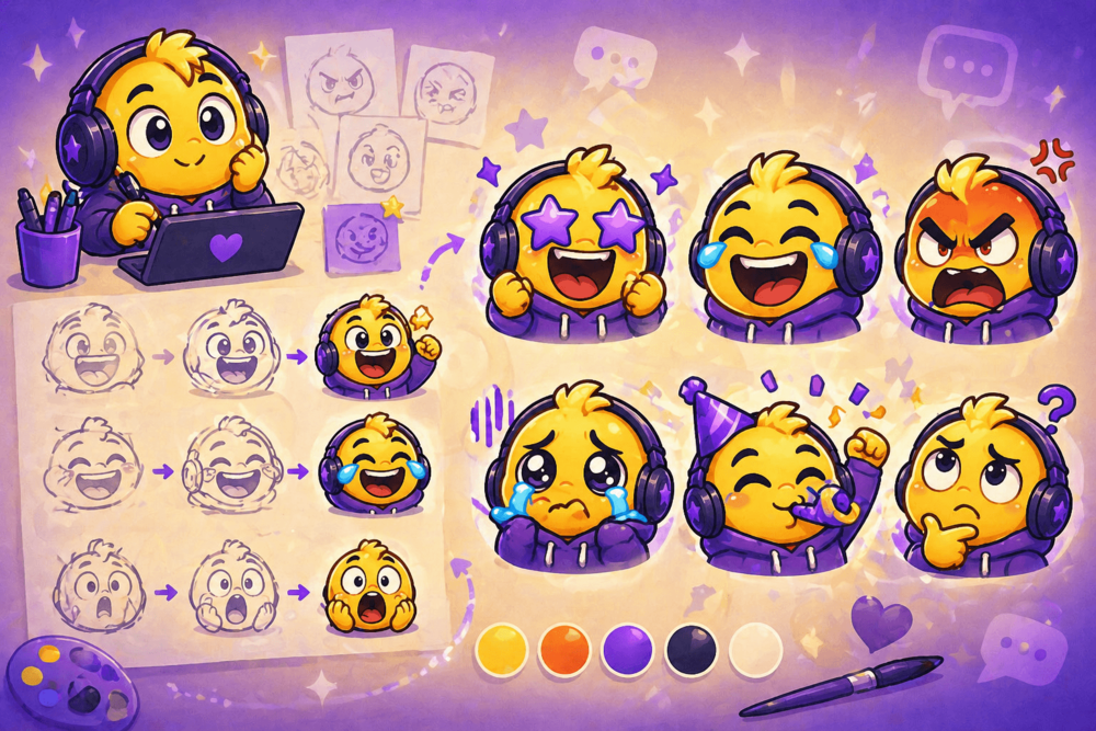 Cartoon-style illustration of a streamer with a small set of emotes growing into a larger, brighter group, showing gradual audience engagement and emote usage