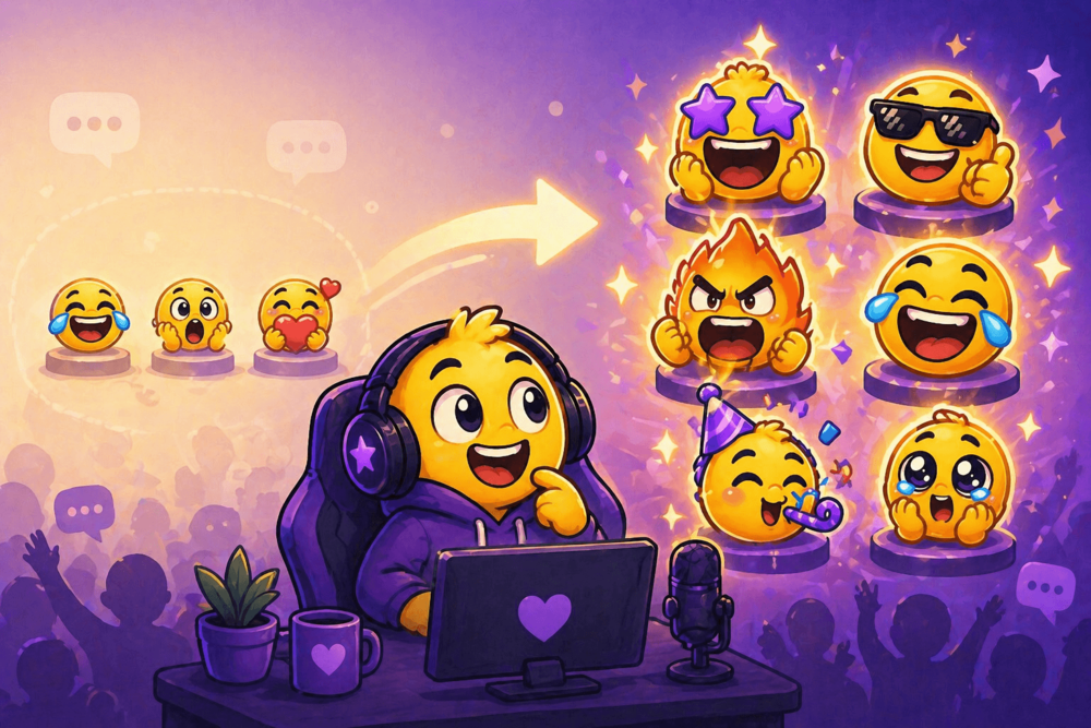 Cartoon-style illustration showing a streamer designing a cohesive set of emotes, with sketch versions evolving into colorful final emotes with different expressions