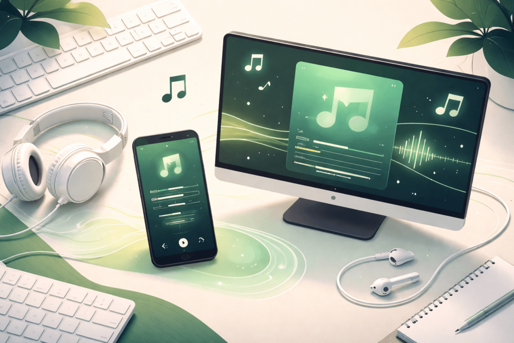 Illustration of a smartphone and desktop setup with music-themed visuals, headphones, and floating notes in a Spotify-inspired color palette.