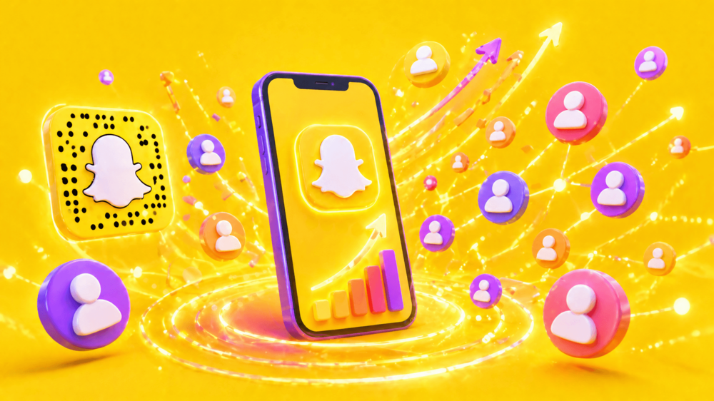 3D illustration of a smartphone with growth indicators and expanding user icons connected around it, representing increased visibility and Snapchat audience growth