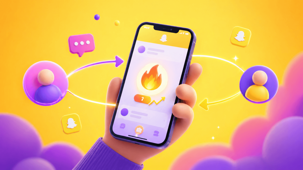 3D illustration of a hand holding a smartphone with a glowing fire icon on screen, surrounded by chat bubbles and arrows showing daily interaction between two users, representing Snapchat streaks
