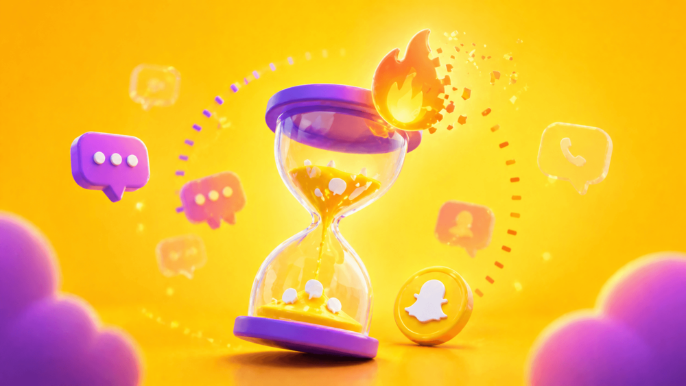 3D illustration of a glowing hourglass with sand running out and a fading fire icon, surrounded by floating chat bubbles, representing a Snapchat streak about to end