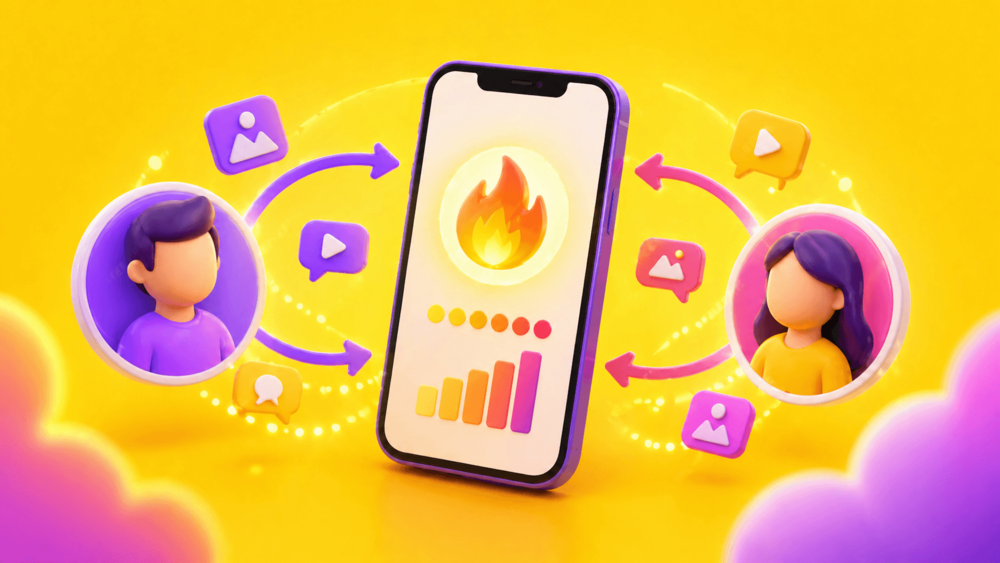 3D illustration of two users exchanging snaps through a smartphone with a glowing fire icon and arrows looping between them, representing a Snapchat streak and daily interaction