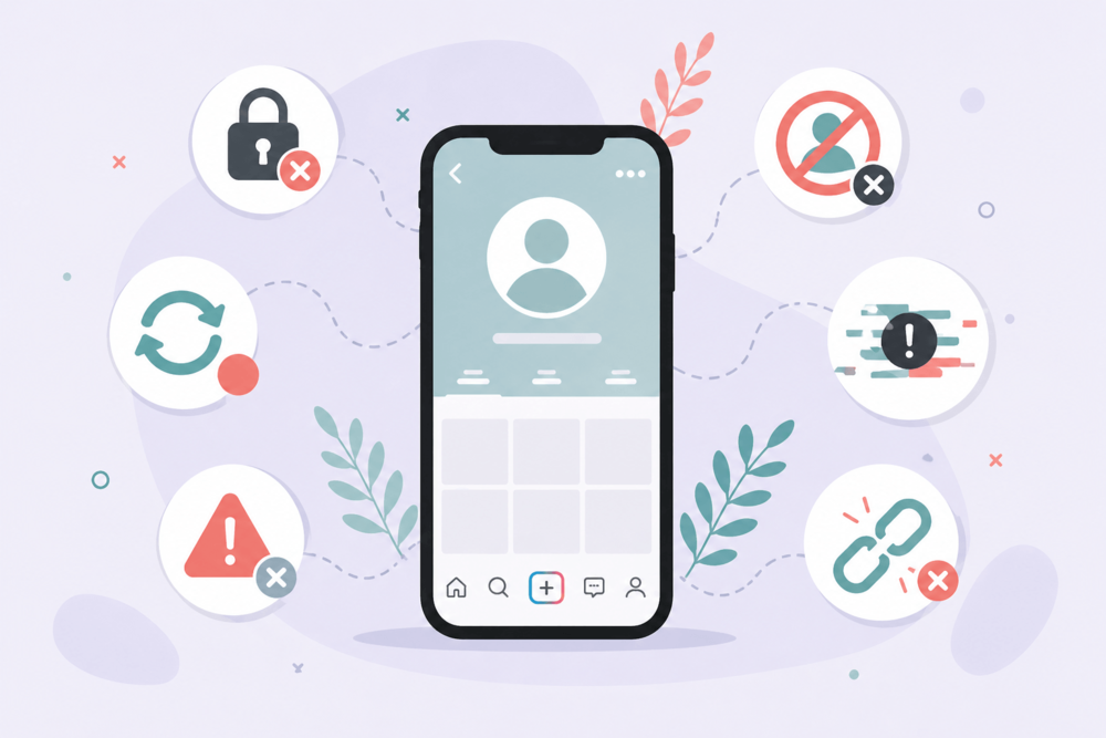 Flat illustration of a smartphone with a user profile surrounded by icons representing account issues like block, restriction, username change, broken link, and app errors