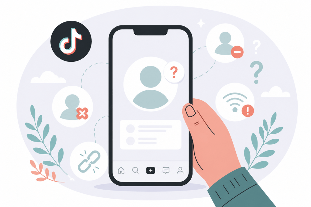 Illustration of a smartphone showing a user profile with error icons, broken links, and connection symbols, representing a TikTok account not found or unavailable situation