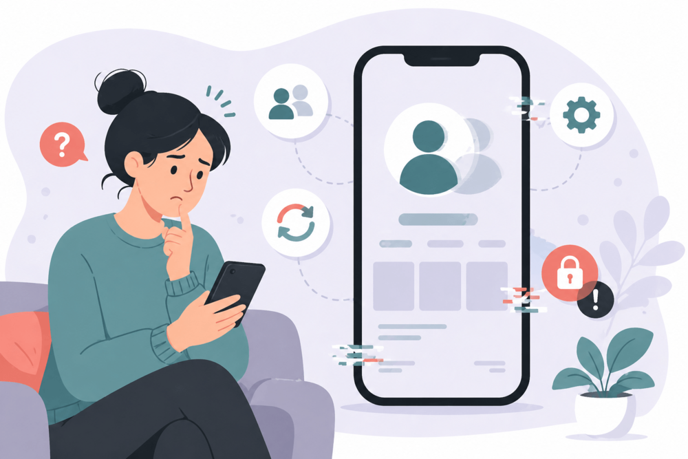 Flat illustration of a person looking confused at their phone while a distorted user profile appears on screen, representing issues accessing their own TikTok account