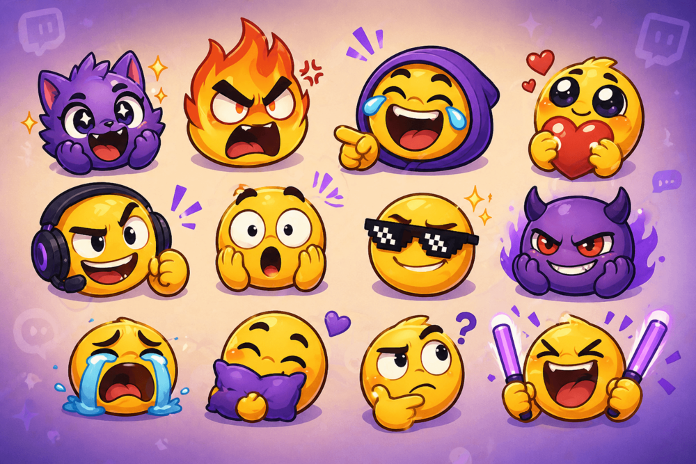 Colorful set of cartoon-style Twitch emotes showing different reactions like laughter, rage, love and surprise on a soft purple background