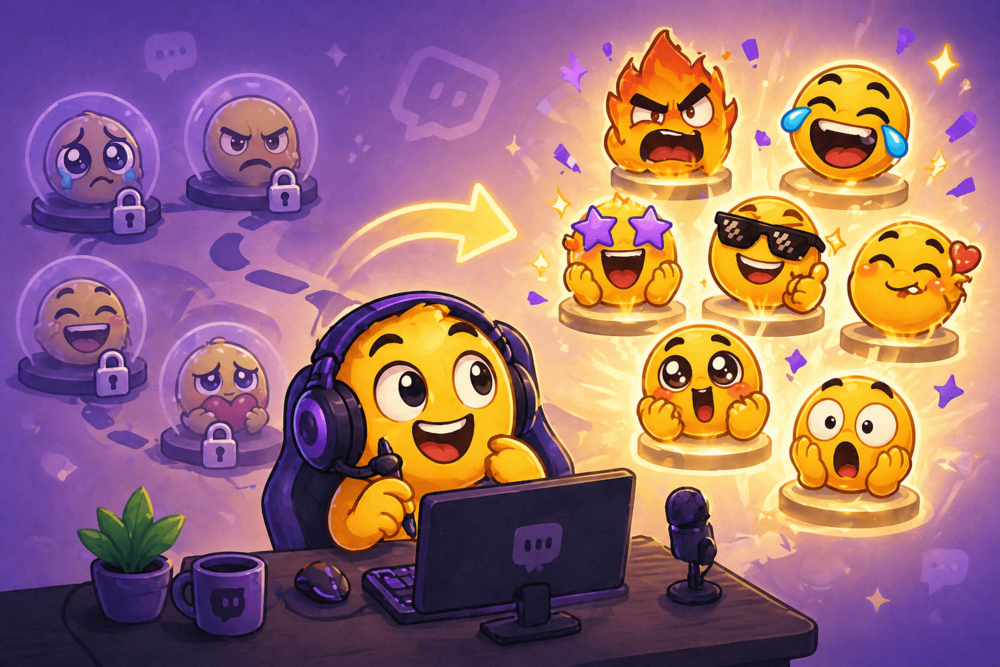 Cartoon-style illustration of a streamer unlocking colorful emotes, with some locked icons on one side and bright expressive emotes on the other, showing progression