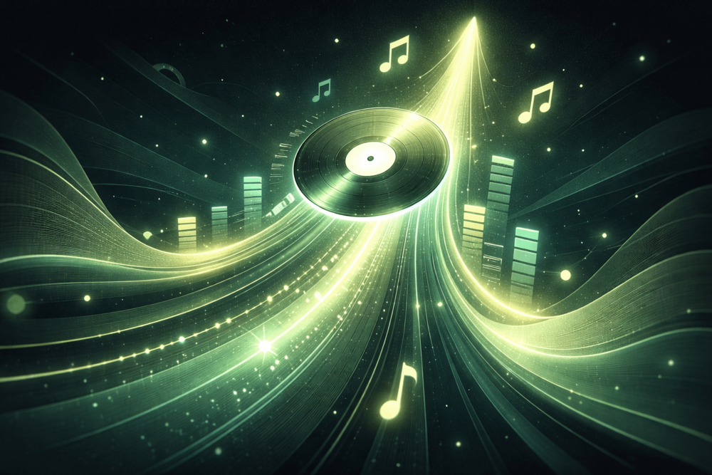 Abstract music-themed illustration with rising sound waves, glowing audio elements, and upward motion suggesting Spotify track growth and momentum.