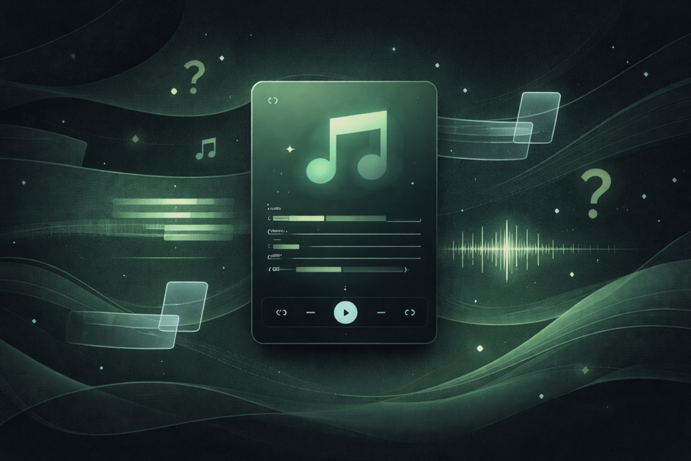 Abstract music-themed illustration with broken waveform lines and faded interface elements suggesting Spotify lyrics are not loading.