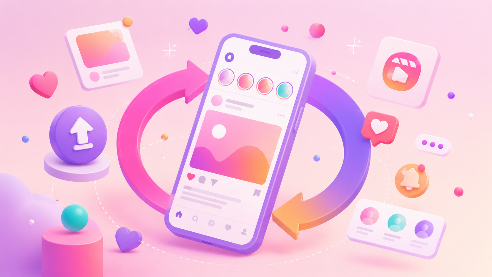 Colorful illustration of a smartphone surrounded by update arrows, social media icons and floating notification elements, representing Instagram app updates on iPhone and Android.