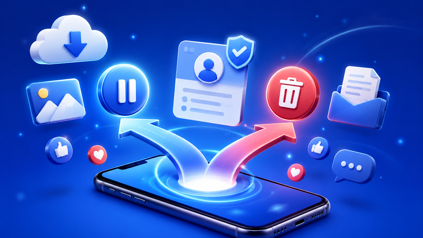 A blue social media-themed illustration showing a phone with floating icons for backup, profile settings, messages, deactivation and account deletion.