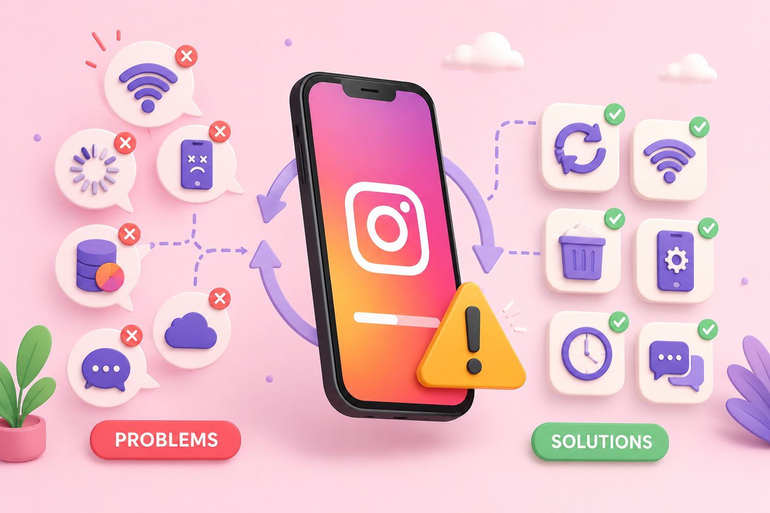 Colorful 3D illustration of a phone with the Instagram logo, surrounded by error icons, update symbols, Wi-Fi issues and solution checkmarks, representing common Instagram update problems and fixes.