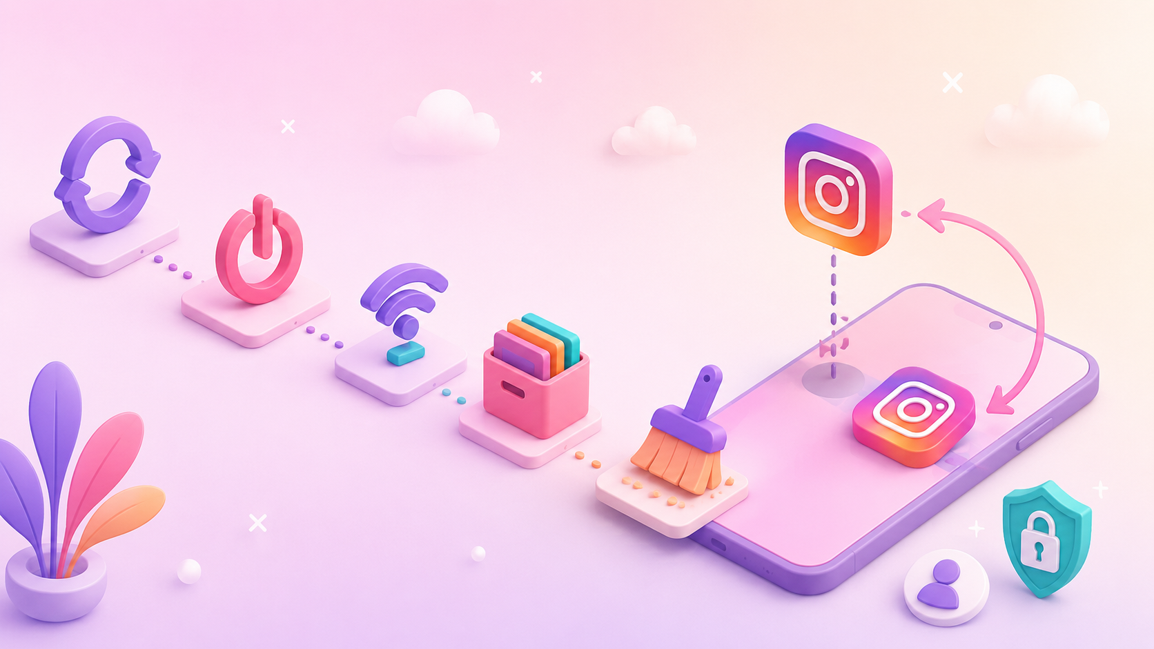 Pastel 3D illustration of an Instagram app icon being removed and reinstalled on a phone, surrounded by restart, Wi-Fi, storage, cache and security icons to show safe troubleshooting steps.