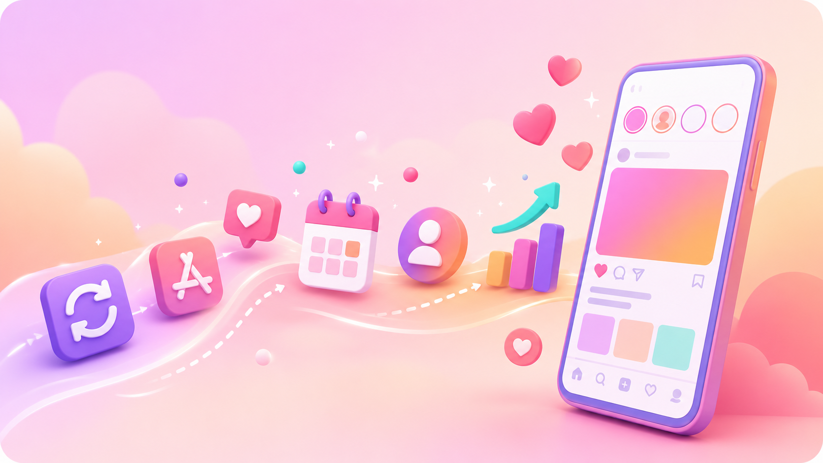 Pastel 3D illustration of an Instagram-style phone with update, calendar, profile, engagement and growth icons, showing the app working smoothly and a profile gaining momentum.